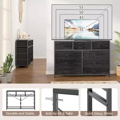 Commode à 10 tiroirs, Meuble TV pour téléviseurs 55", Cadre en acier et plateau en bois, Rangement pour chambre et salon