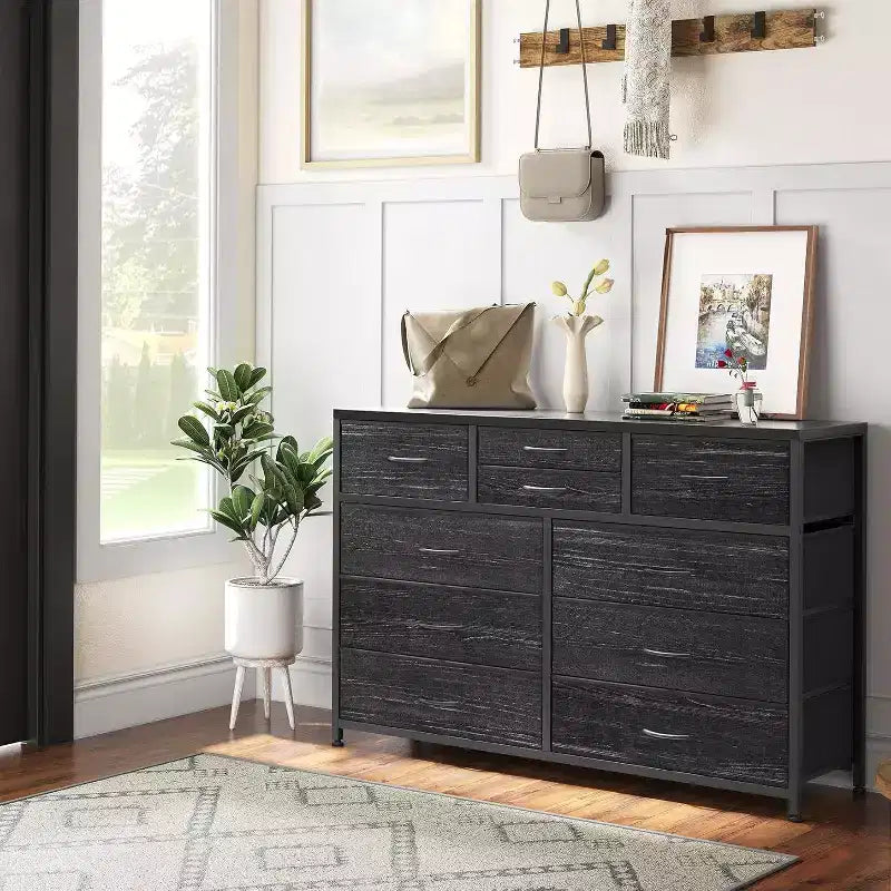 Commode à 10 tiroirs, Meuble TV pour téléviseurs 55", Cadre en acier et plateau en bois, Rangement pour chambre et salon