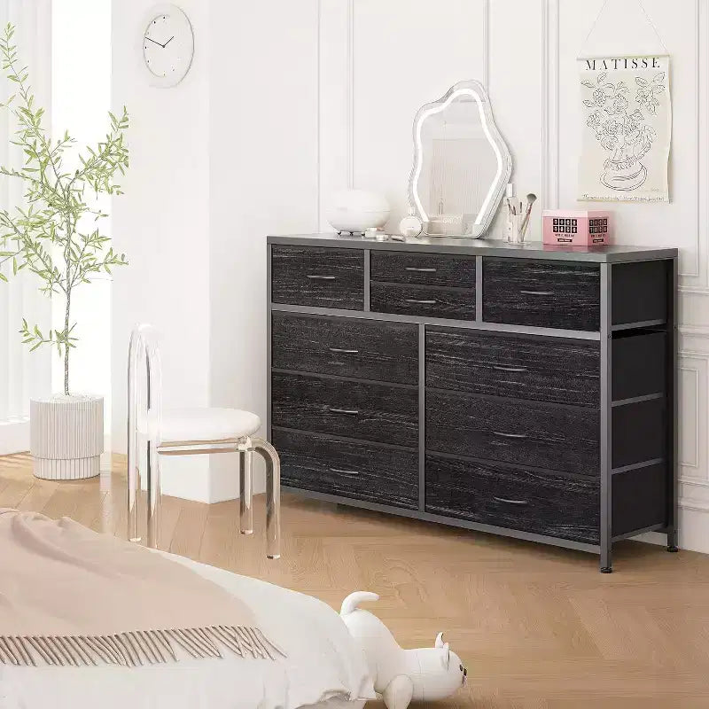 Commode à 10 tiroirs, Meuble TV pour téléviseurs 55", Cadre en acier et plateau en bois, Rangement pour chambre et salon
