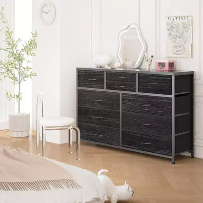 Commode à 10 tiroirs, Meuble TV pour téléviseurs 55", Cadre en acier et plateau en bois, Rangement pour chambre et salon