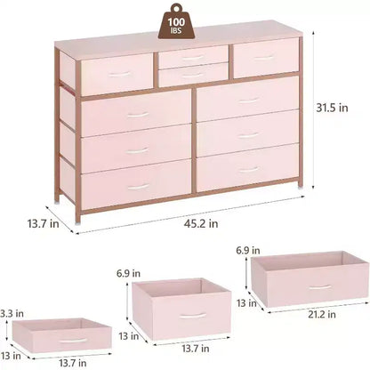 Commode à 10 tiroirs, Meuble TV pour téléviseurs 55", Cadre en acier et plateau en bois, Rangement pour chambre et salon
