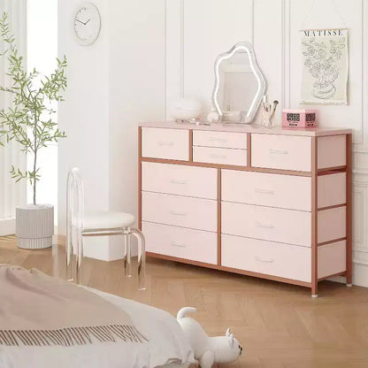 Commode à 10 tiroirs, Meuble TV pour téléviseurs 55", Cadre en acier et plateau en bois, Rangement pour chambre et salon