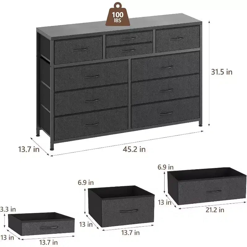 Commode à 10 tiroirs, Meuble TV pour téléviseurs 55", Cadre en acier et plateau en bois, Rangement pour chambre et salon