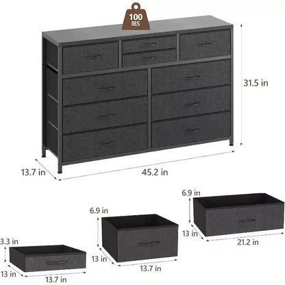 Commode à 10 tiroirs, Meuble TV pour téléviseurs 55", Cadre en acier et plateau en bois, Rangement pour chambre et salon