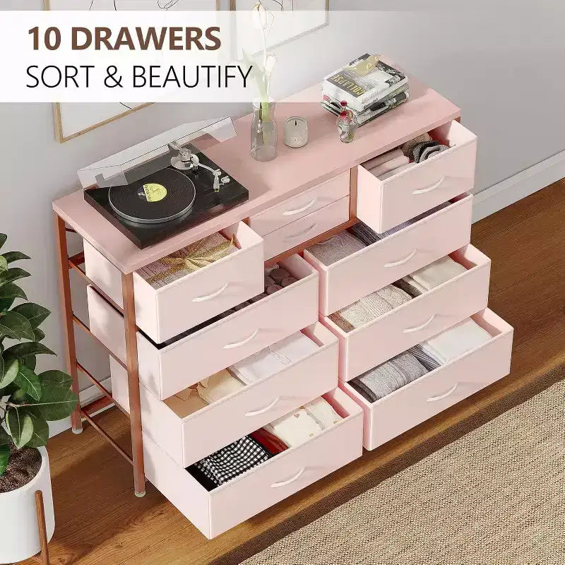 Commode à 10 tiroirs, Meuble TV pour téléviseurs 55", Cadre en acier et plateau en bois, Rangement pour chambre et salon