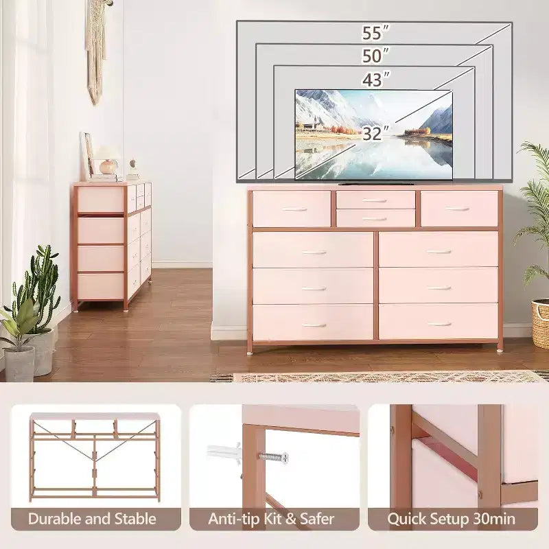 Commode à 10 tiroirs, Meuble TV pour téléviseurs 55", Cadre en acier et plateau en bois, Rangement pour chambre et salon