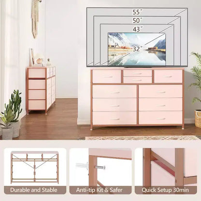 Commode à 10 tiroirs, Meuble TV pour téléviseurs 55", Cadre en acier et plateau en bois, Rangement pour chambre et salon