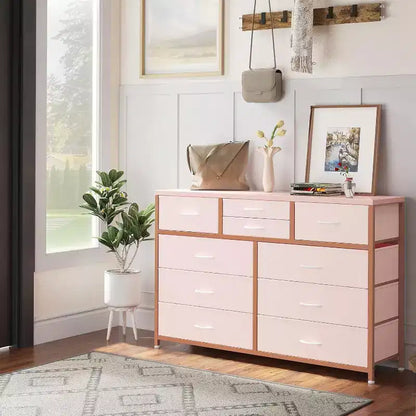 Commode à 10 tiroirs, Meuble TV pour téléviseurs 55", Cadre en acier et plateau en bois, Rangement pour chambre et salon