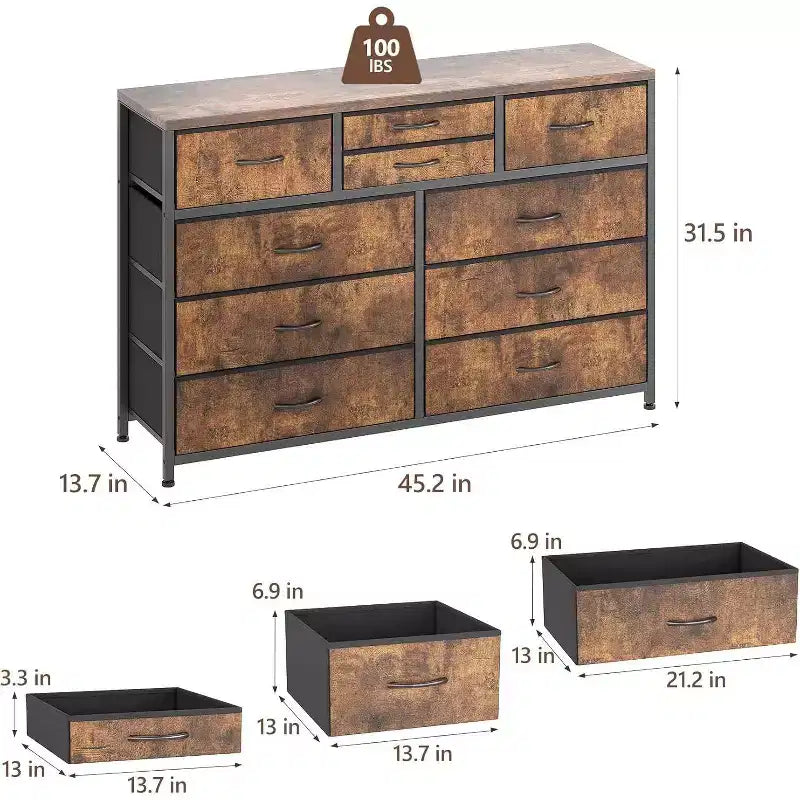 Commode à 10 tiroirs, Meuble TV pour téléviseurs 55", Cadre en acier et plateau en bois, Rangement pour chambre et salon
