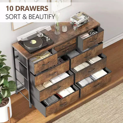 Commode à 10 tiroirs, Meuble TV pour téléviseurs 55", Cadre en acier et plateau en bois, Rangement pour chambre et salon