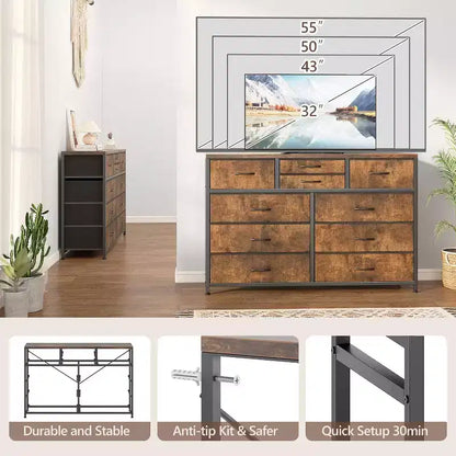 Commode à 10 tiroirs, Meuble TV pour téléviseurs 55", Cadre en acier et plateau en bois, Rangement pour chambre et salon