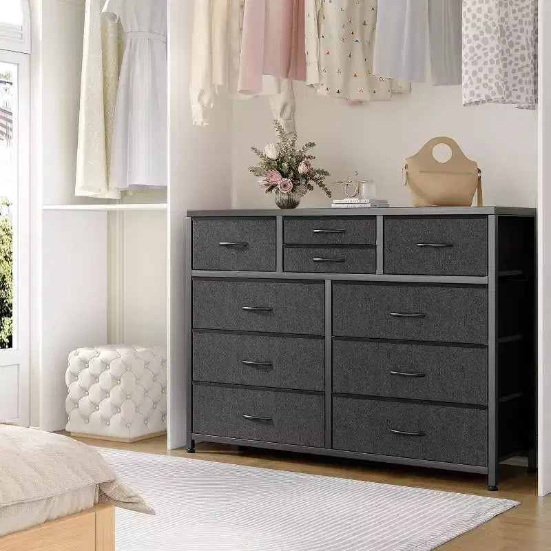 Commode à 10 tiroirs, Meuble TV pour téléviseurs 55", Cadre en acier et plateau en bois, Rangement pour chambre et salon
