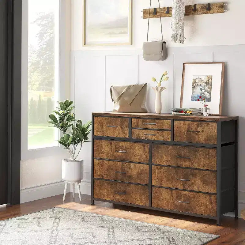 Commode à 10 tiroirs, Meuble TV pour téléviseurs 55", Cadre en acier et plateau en bois, Rangement pour chambre et salon