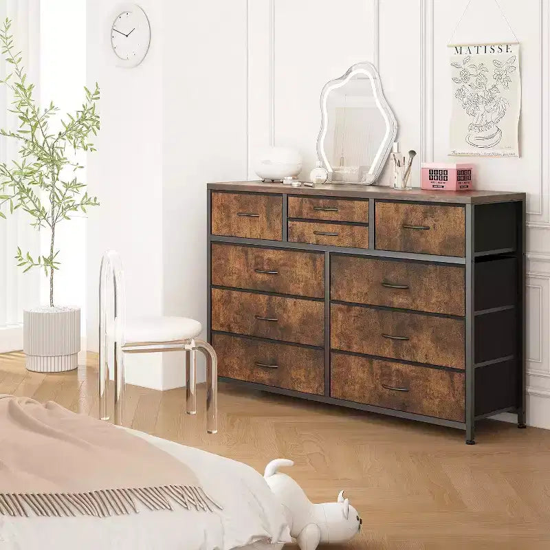 Commode à 10 tiroirs, Meuble TV pour téléviseurs 55", Cadre en acier et plateau en bois, Rangement pour chambre et salon