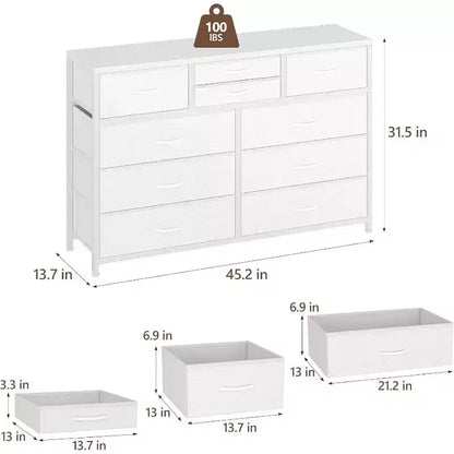 Commode à 10 tiroirs, Meuble TV pour téléviseurs 55", Cadre en acier et plateau en bois, Rangement pour chambre et salon