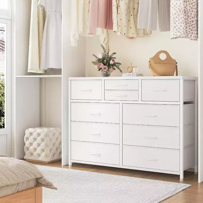 Commode à 10 tiroirs, Meuble TV pour téléviseurs 55", Cadre en acier et plateau en bois, Rangement pour chambre et salon