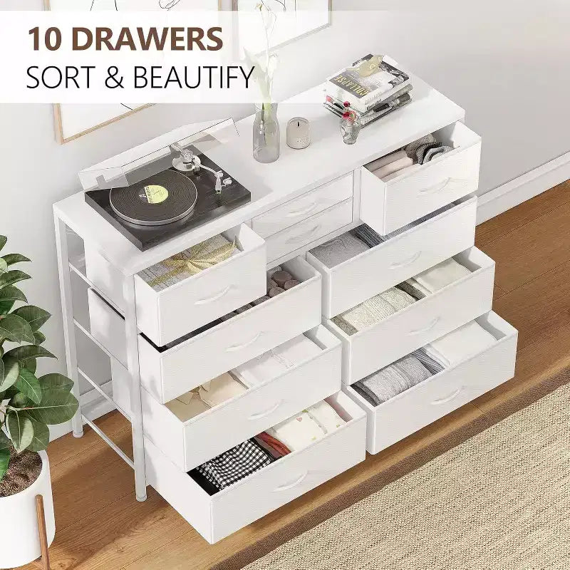 Commode à 10 tiroirs, Meuble TV pour téléviseurs 55", Cadre en acier et plateau en bois, Rangement pour chambre et salon