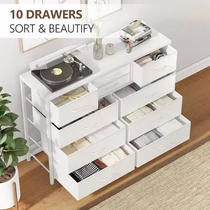 Commode à 10 tiroirs, Meuble TV pour téléviseurs 55", Cadre en acier et plateau en bois, Rangement pour chambre et salon