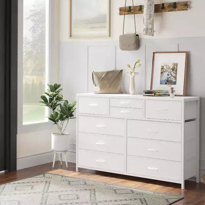 Commode à 10 tiroirs, Meuble TV pour téléviseurs 55", Cadre en acier et plateau en bois, Rangement pour chambre et salon