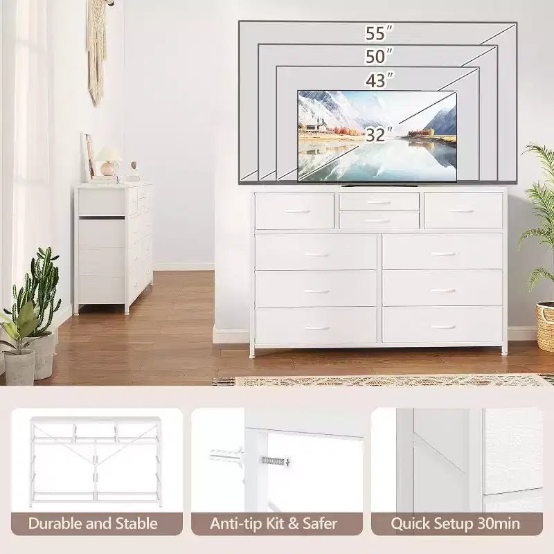 Commode à 10 tiroirs, Meuble TV pour téléviseurs 55", Cadre en acier et plateau en bois, Rangement pour chambre et salon