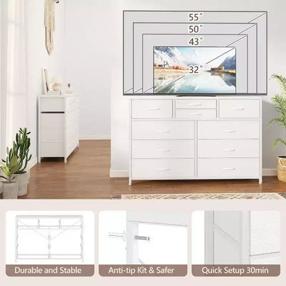 Commode à 10 tiroirs, Meuble TV pour téléviseurs 55", Cadre en acier et plateau en bois, Rangement pour chambre et salon
