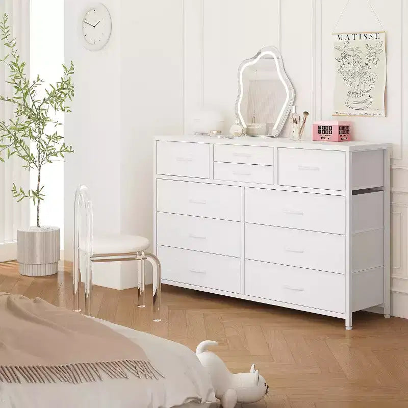 Commode à 10 tiroirs, Meuble TV pour téléviseurs 55", Cadre en acier et plateau en bois, Rangement pour chambre et salon