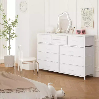 Commode à 10 tiroirs, Meuble TV pour téléviseurs 55", Cadre en acier et plateau en bois, Rangement pour chambre et salon