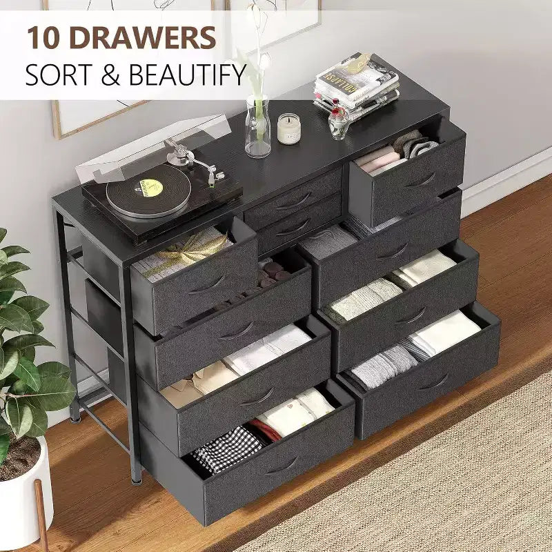 Commode à 10 tiroirs, Meuble TV pour téléviseurs 55", Cadre en acier et plateau en bois, Rangement pour chambre et salon