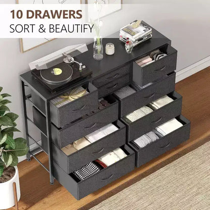 Commode à 10 tiroirs, Meuble TV pour téléviseurs 55", Cadre en acier et plateau en bois, Rangement pour chambre et salon