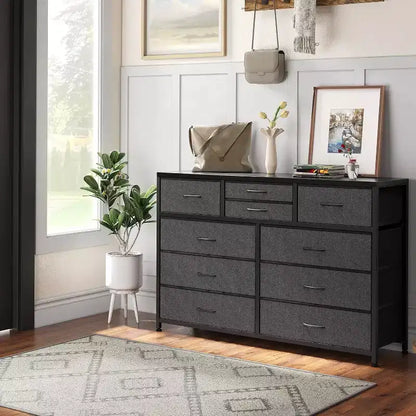 Commode à 10 tiroirs, Meuble TV pour téléviseurs 55", Cadre en acier et plateau en bois, Rangement pour chambre et salon