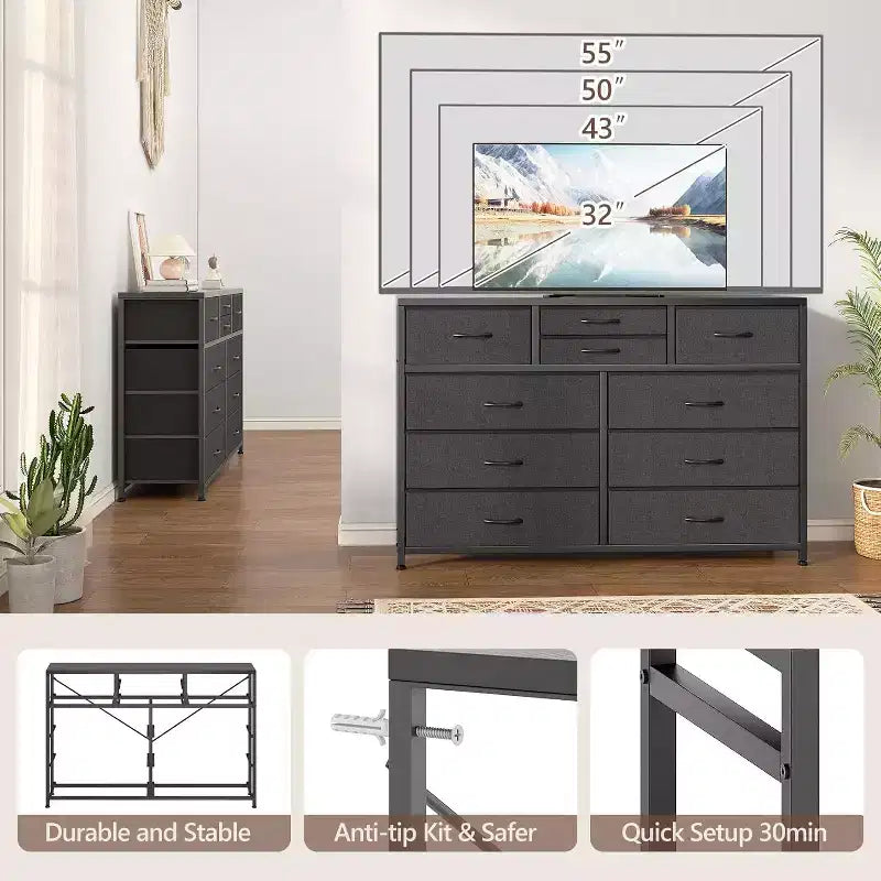 Commode à 10 tiroirs, Meuble TV pour téléviseurs 55", Cadre en acier et plateau en bois, Rangement pour chambre et salon