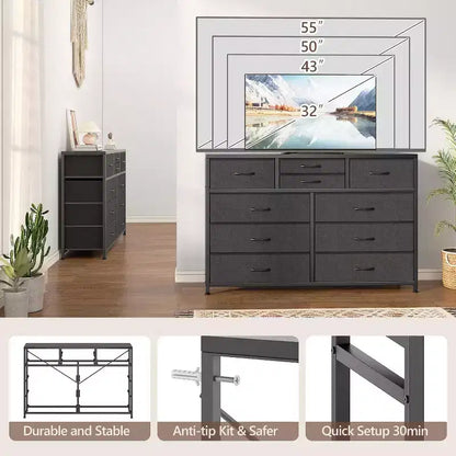 Commode à 10 tiroirs, Meuble TV pour téléviseurs 55", Cadre en acier et plateau en bois, Rangement pour chambre et salon