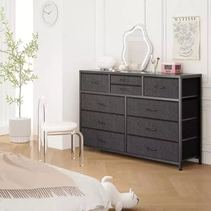 Commode à 10 tiroirs, Meuble TV pour téléviseurs 55", Cadre en acier et plateau en bois, Rangement pour chambre et salon