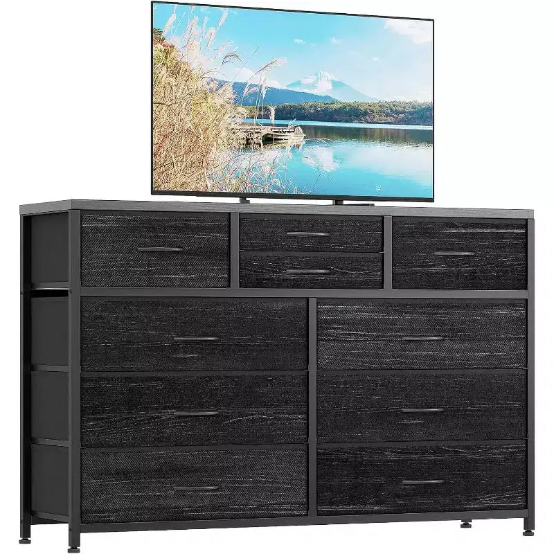 Commode à 10 tiroirs, Meuble TV pour téléviseurs 55", Cadre en acier et plateau en bois, Rangement pour chambre et salon