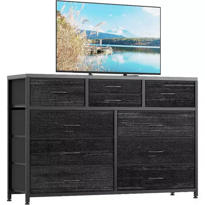 Commode à 10 tiroirs, Meuble TV pour téléviseurs 55", Cadre en acier et plateau en bois, Rangement pour chambre et salon