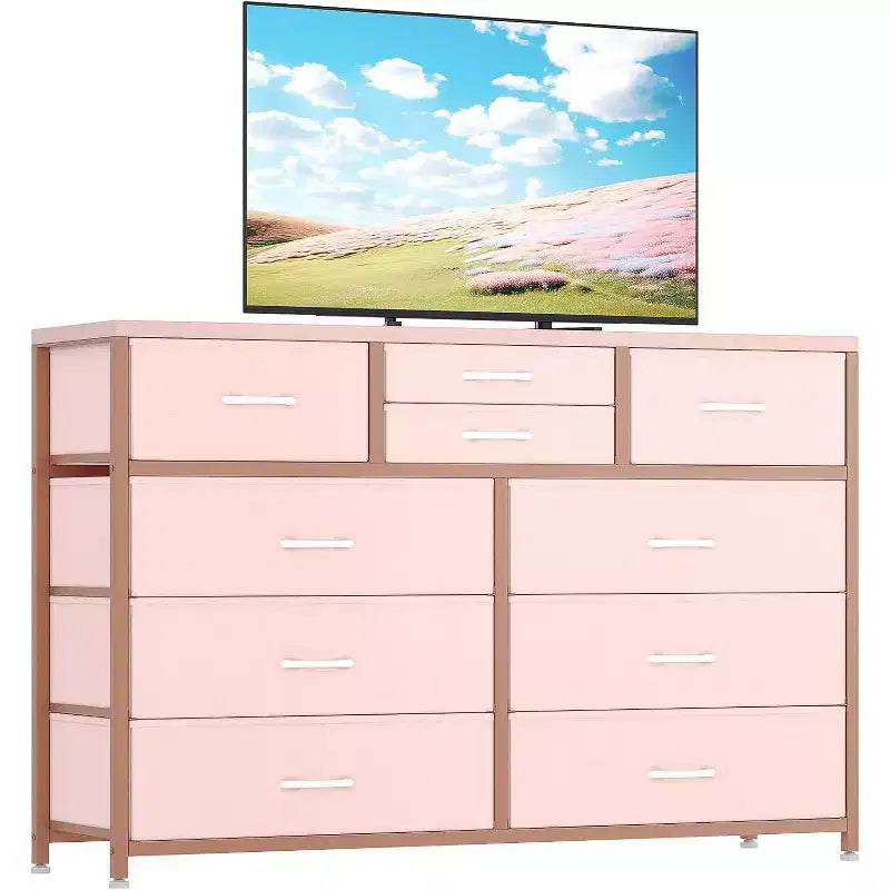 Commode à 10 tiroirs, Meuble TV pour téléviseurs 55", Cadre en acier et plateau en bois, Rangement pour chambre et salon