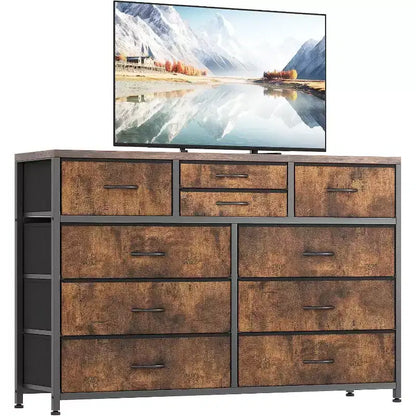 Commode à 10 tiroirs, Meuble TV pour téléviseurs 55", Cadre en acier et plateau en bois, Rangement pour chambre et salon