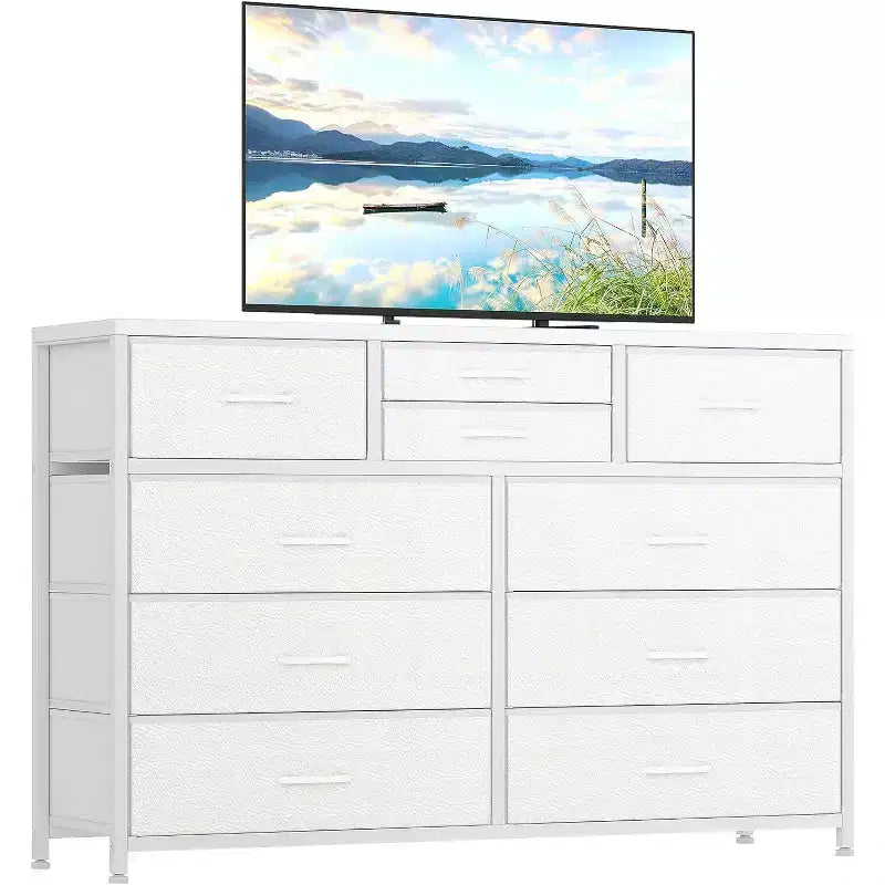 Commode à 10 tiroirs, Meuble TV pour téléviseurs 55", Cadre en acier et plateau en bois, Rangement pour chambre et salon