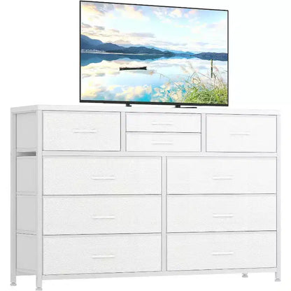 Commode à 10 tiroirs, Meuble TV pour téléviseurs 55", Cadre en acier et plateau en bois, Rangement pour chambre et salon