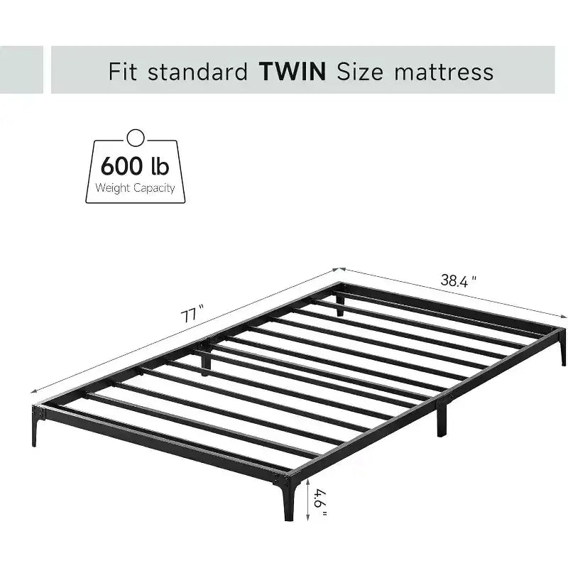Cadre de lit double 6 pouces, plateforme en métal, taille double avec sommier à lattes en acier robuste, pas besoin de sommier tapissier, silencieux, noir