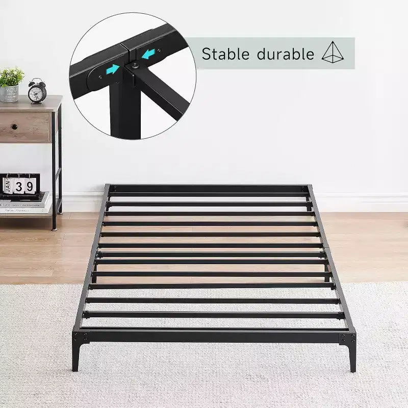 Cadre de lit double 6 pouces, plateforme en métal, taille double avec sommier à lattes en acier robuste, pas besoin de sommier tapissier, silencieux, noir
