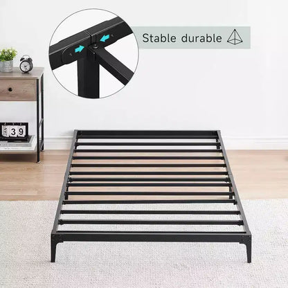 Cadre de lit double 6 pouces, plateforme en métal, taille double avec sommier à lattes en acier robuste, pas besoin de sommier tapissier, silencieux, noir