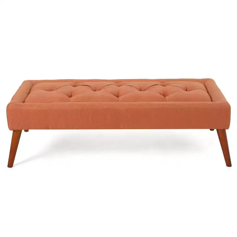 Pouf rembourré capitonné Mid-Century Modern 50", pieds en bouleau, tissu polyester orange