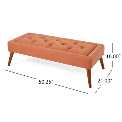 Pouf rembourré capitonné Mid-Century Modern 50", pieds en bouleau, tissu polyester orange