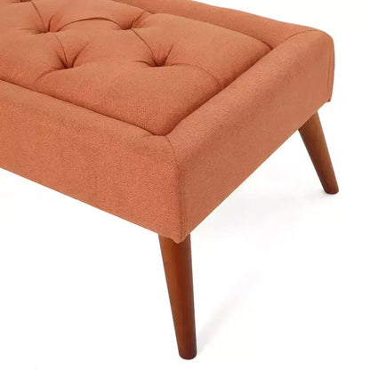 Pouf rembourré capitonné Mid-Century Modern 50", pieds en bouleau, tissu polyester orange