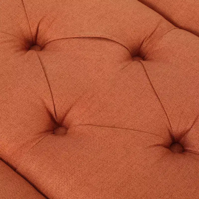 Pouf rembourré capitonné Mid-Century Modern 50", pieds en bouleau, tissu polyester orange