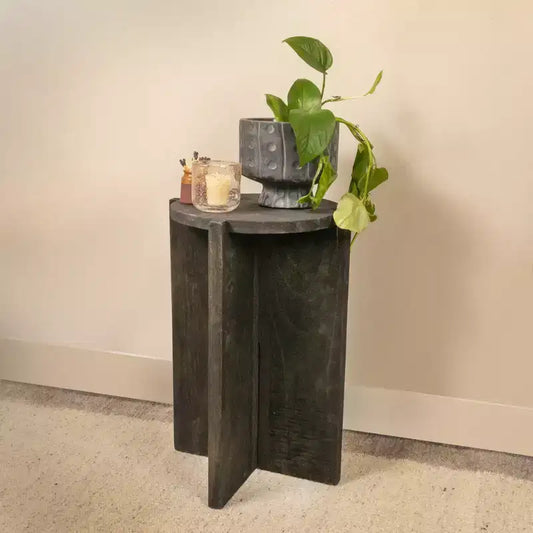 Table d'appoint ronde noire en bois de paulownia – Table d'appoint, table de chevet ou support pour plantes