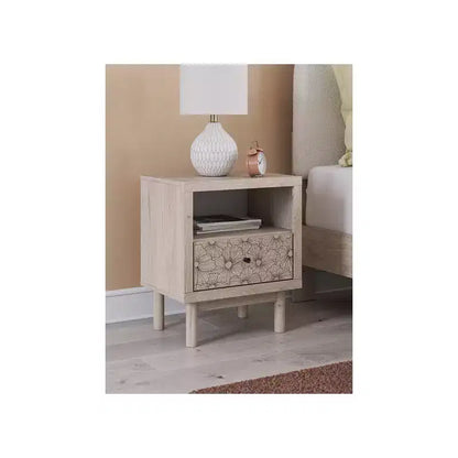 Table de chevet à un tiroir avec port de charge USB, finition chêne clair, tiroir avec motif floral, couleur beige