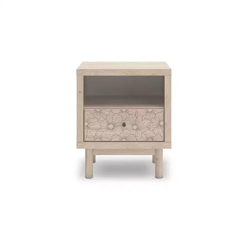 Table de chevet à un tiroir avec port de charge USB, finition chêne clair, tiroir avec motif floral, couleur beige