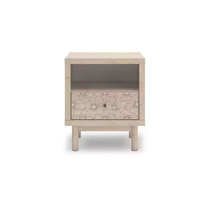 Table de chevet à un tiroir avec port de charge USB, finition chêne clair, tiroir avec motif floral, couleur beige